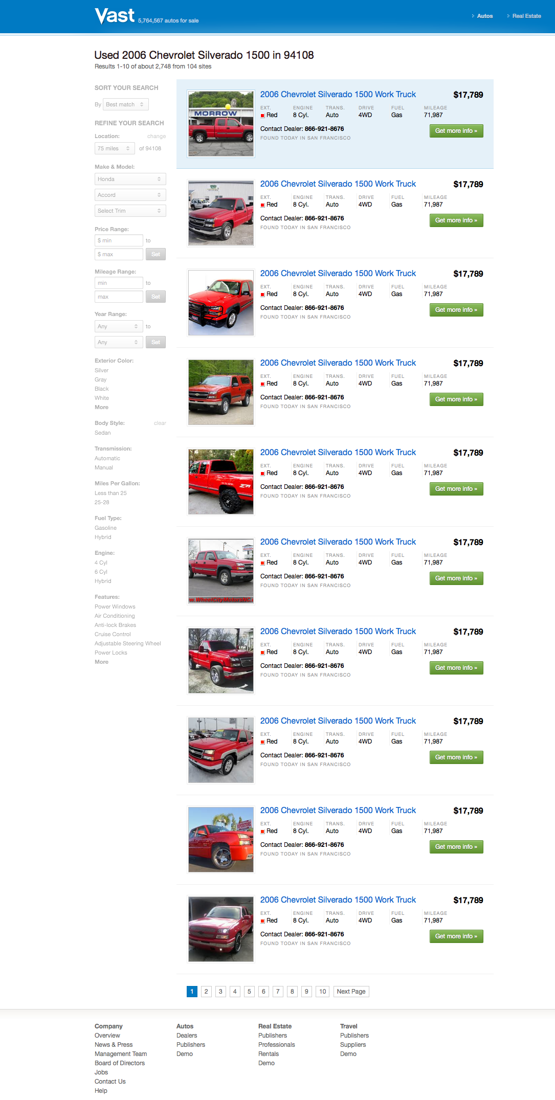 Vast Autos Platform Search Results Page on Vast.com